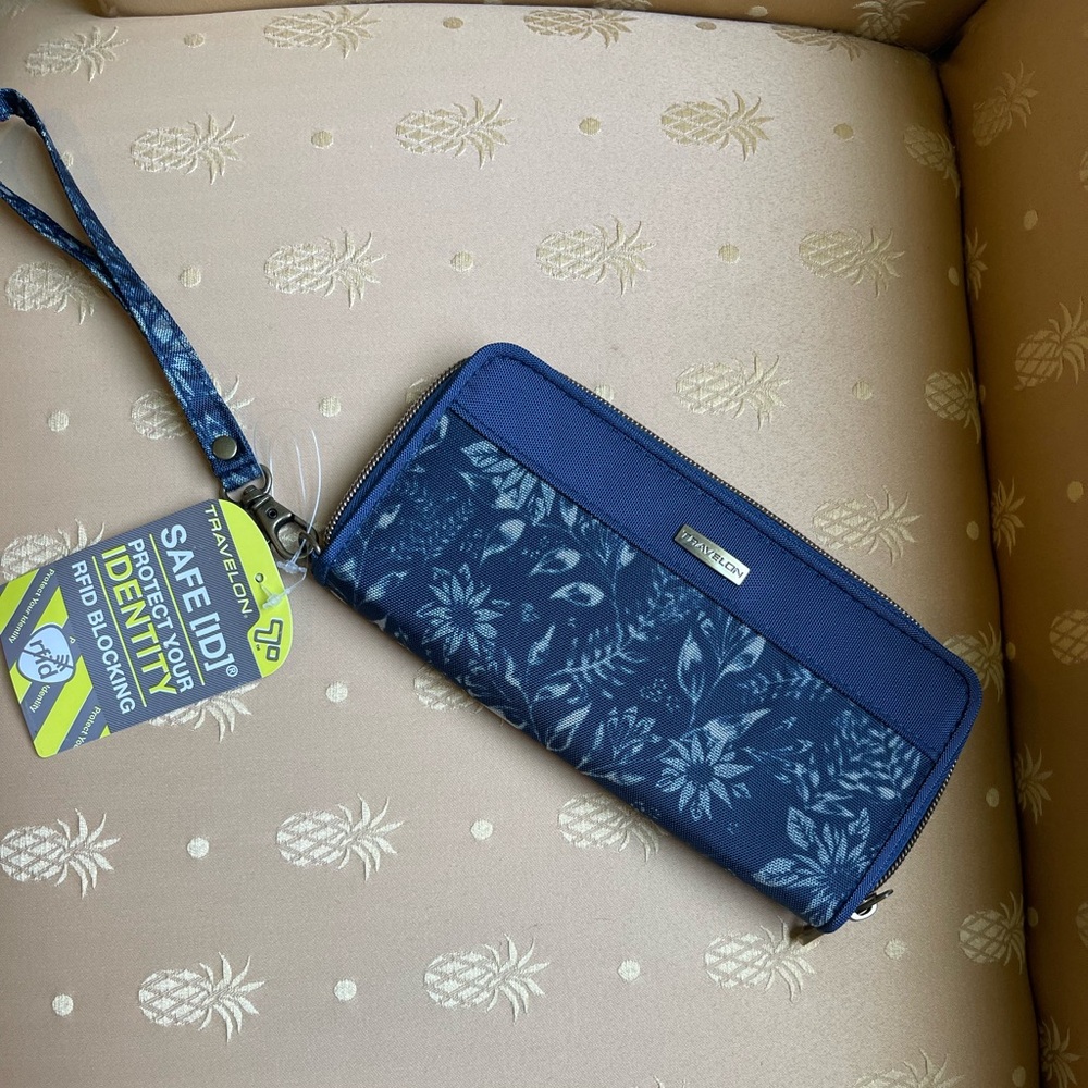 Travelon Blue Floral Print Safe ID Zip Around Wallet